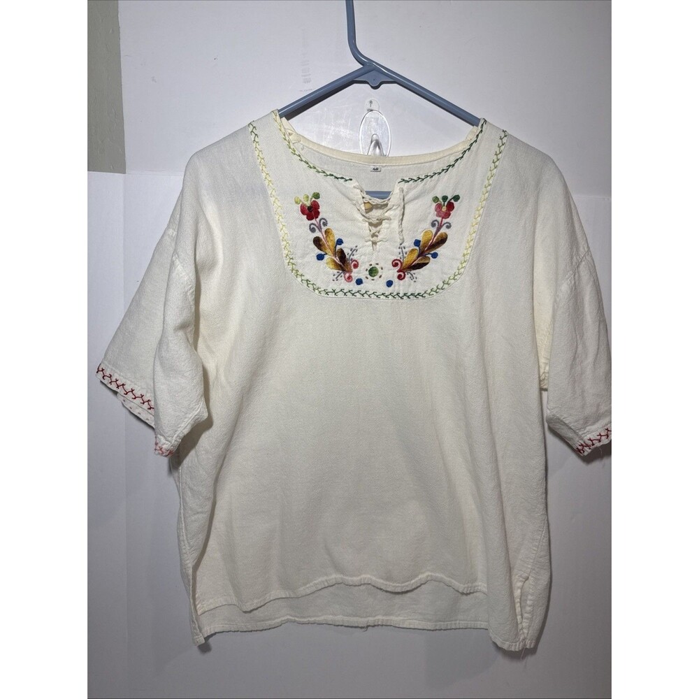 Mexican Peasant Blouse Ivory White Hand Embroidered Flowers size large